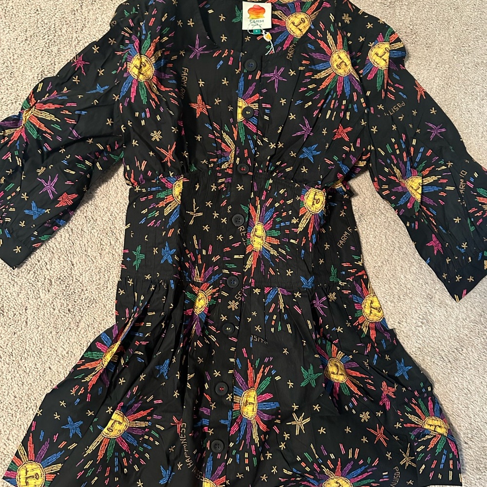 Farm Rio Colorful Sun and Star Patterned Dress